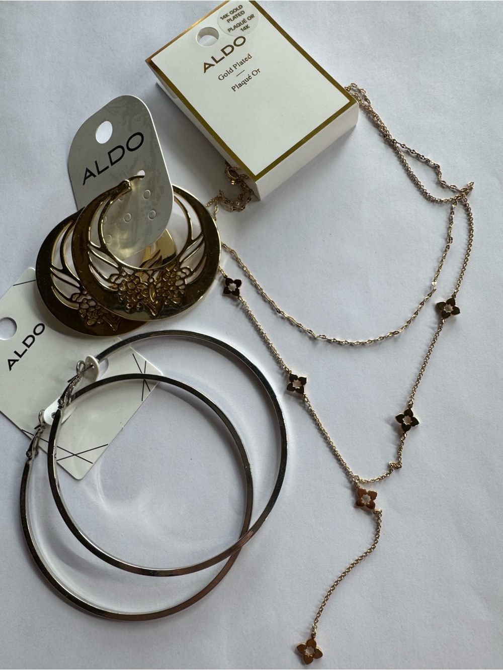 ALDO Gold Floral Charm Layered Necklace with Hoop Earrings